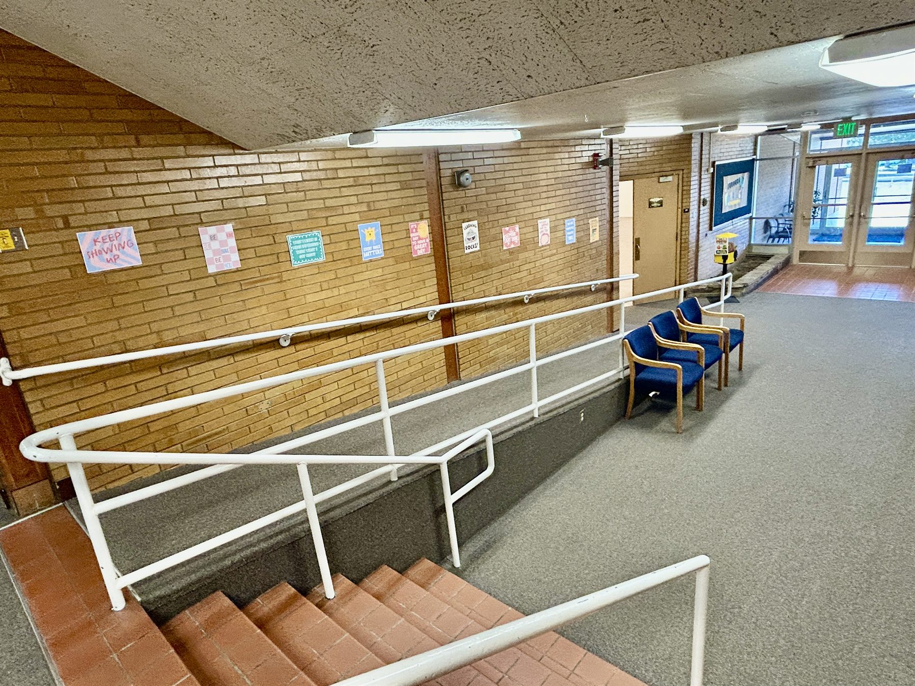 Main hall ramp, stairs, and seating area